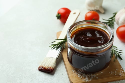 Preview: Concept of cooking with barbecue sauce on white textured table