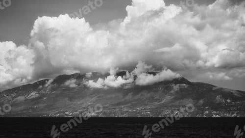 Preview: View of Kefalonia island from the sea in black and white, Greece