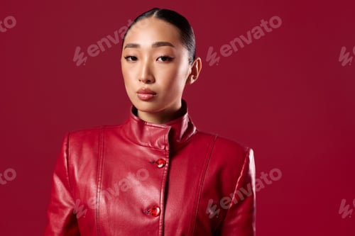Preview: Asian woman in red leather jacket poses against red background fashion beauty concept