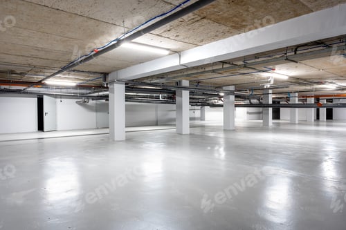 Preview: Spacious underground parking area featuring modern design and clean aesthetics in an urban location