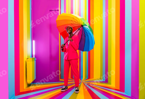 Preview: Beautiful young woman dancing and having fun inside a rainbow box room