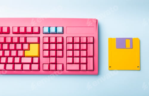 Preview: Floppy disks and keyboard on bright colored backgrounds.