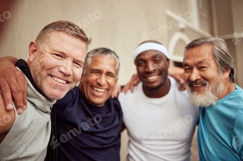 Preview: Senior men, fitness and smile portrait outdoor together for exercise motivation, retirement health