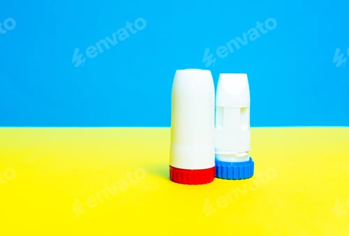 Preview: Asthma inhaler - a remedy for asthma and allergic diseases on a blue-yellow background