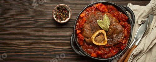 Preview: Traditional Italian dish Ossobuco all Milanese made with cut veal shank meat with vegetable tomato
