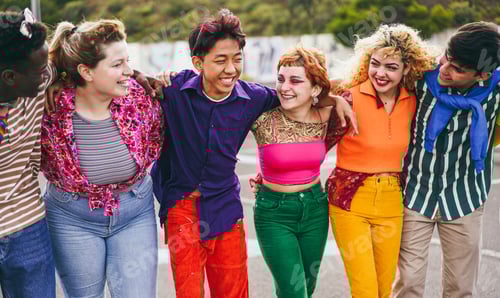 Preview: Young diverse people having fun outdoor laughing together