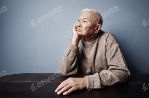 Preview: Pensive and thoughtful senior man sitting at the table