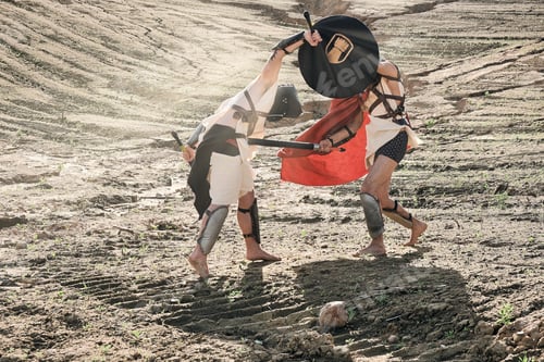 Preview: A Concept Photo Of A Roman Battle Of Two Warriors Of The Colosseum In Action With Aggressive