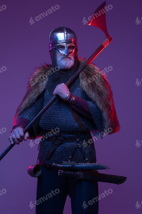 Preview: Medieval old warrior wielding axe against purple background