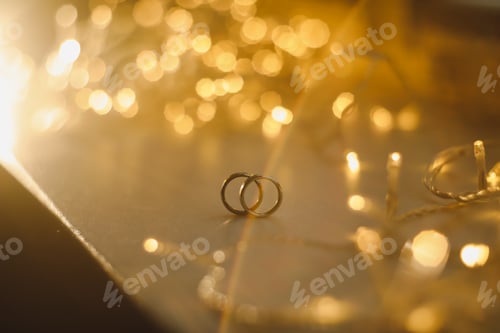 Preview: Wedding rings on blured bokeh glowing golden background. Symbol of love and romance on a textured