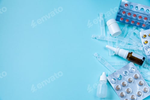 Preview: Medicines and pills on blue background.