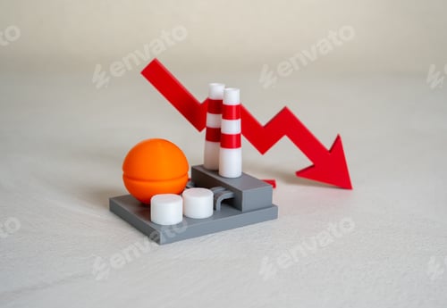 Preview: Industrial plant and red arrow down. Production decline, low revenue. Cost reduction.
