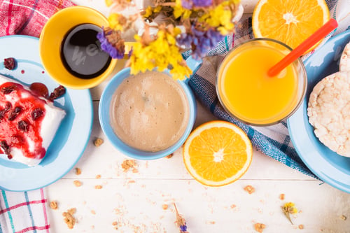 Preview: Healthy Breakfast. Various Assortment Set. Orange Juice, Granola, Coffee and Fruit.