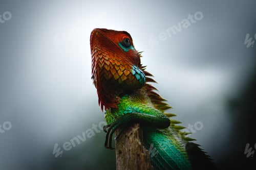 Preview: Colorful reptile holding a wooden pole posing for the camera head high with pride