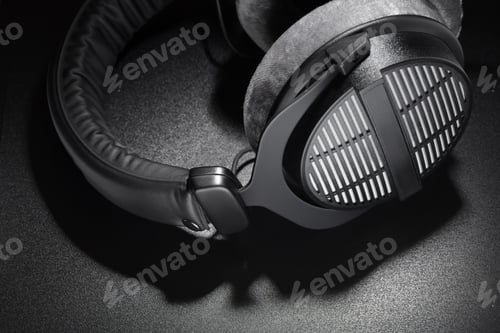Preview: Black studio headphones on dark background