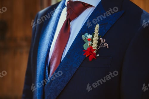 Preview: Closeup of a groom's boutonniere in blue suit, ready for the wedding