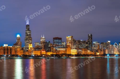 Preview: Chicago Cityscape river side along Lake Michigan at beautiful twilight time, Illinois,