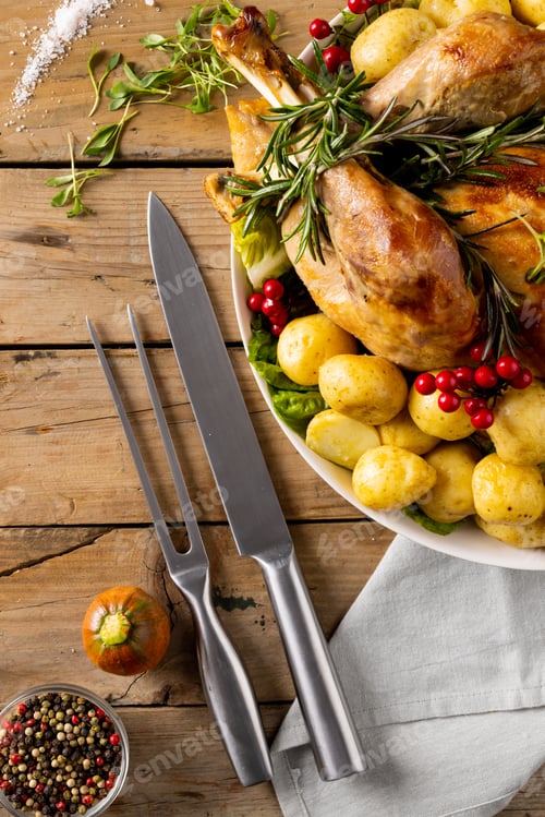 Preview: Overhead view of thanksgiving table with roast turkey, potatoes and cutlery on wood
