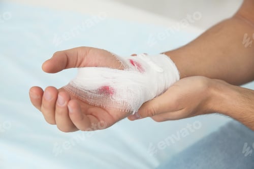 Preview: Young man with bandage on injured hand in clinic, closeup. First aid