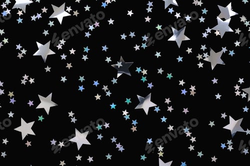 Preview: Silver Stars Confetti Isolated on Black Holiday Background.