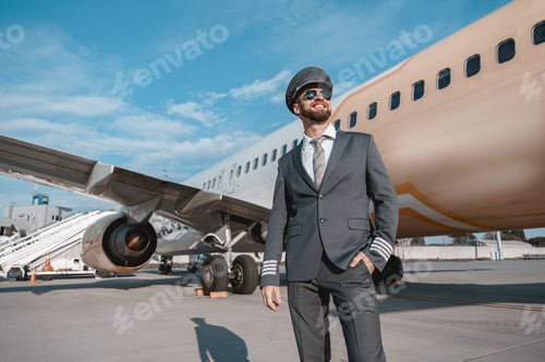 Preview: Joyful aircraft pilot standing outdoors at airfield