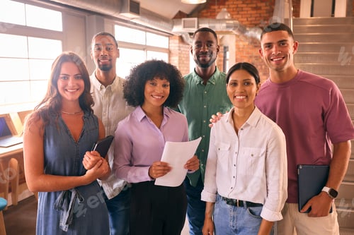 Preview: Portrait Of Smiling Multi-Cultural Business Team In Modern Open Plan Office Together