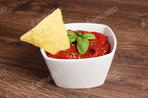 Preview: Salted potato crisps and sauce in bowl, concept of unhealthy food