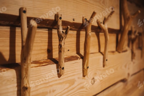Preview: Rustic Wood Coat Rack on Wooden Wall