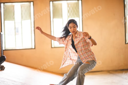 Preview: young woman playing extreme skateboard, skate sport lifestyle in urban hobby