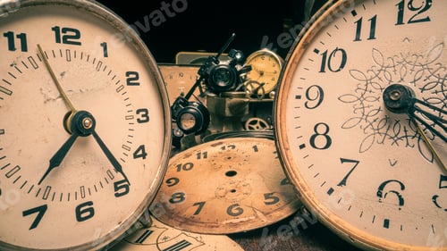 Preview: Retro watchmakers workshop with spare parts and broken clocks