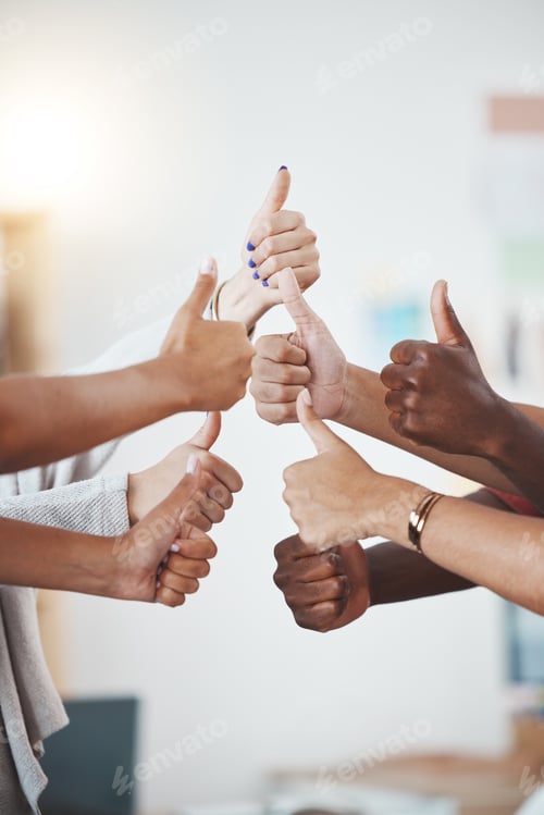 Preview: Thumbs up, hand or gesture for success, support or trust. Diverse group or team of business men or