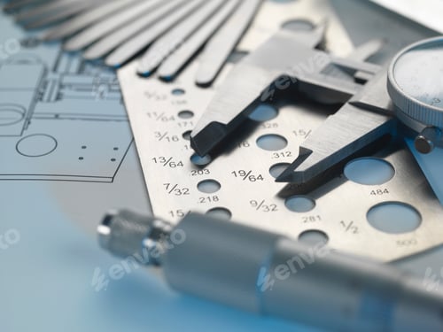 Preview: Engineering design - screw gauge, feeler gauge and micrometer on blueprint