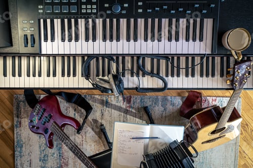 Preview: Piano keys, top view, musician's workplace in home.