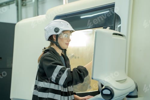 Preview: Engineer using laptop computer controlling automated robot hand with CNC machine in smart factory.