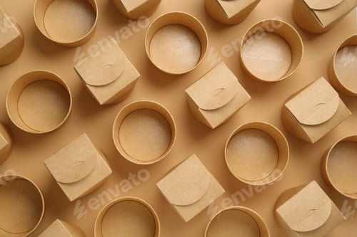 Preview: Eco friendly food containers on beige background, flat lay