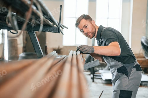 Preview: Man Working with Metal Rods in Workshop