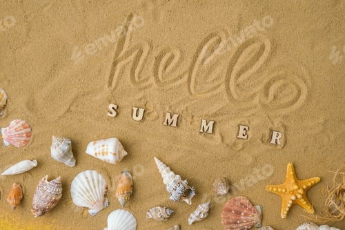 Preview: Composition with text HELLO SUMMER seashells, pebbles, mockup on sand background. Blank, top view, s