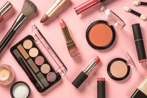 Preview: Make up products at pink background top view.