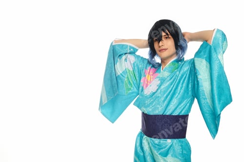 Preview: young man in blue kimono with hands behind head looking at camera on white, dreamy cosplayer