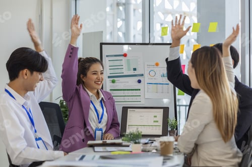 Preview: businesspeople show their joy by clapping or expressing their facial expressions