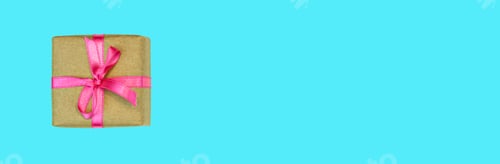 Preview: flatlay banner of single present gift box with pink ribbon isolated on blue background top view.