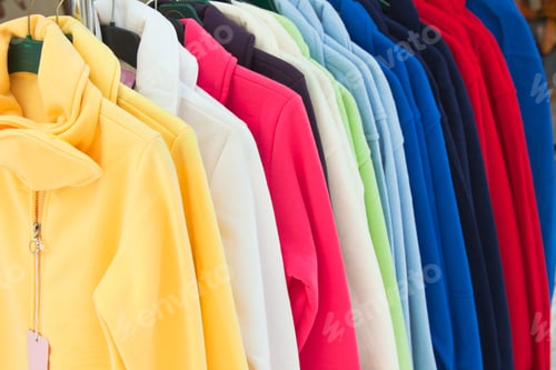 Preview: multicolor sport shirts hanging in store