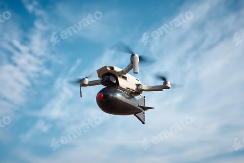 Preview: consumer civilian drone with a big bomb on board flies in the blue sky