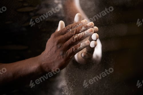 Preview: Close-up of mans hands with chalk in gym
