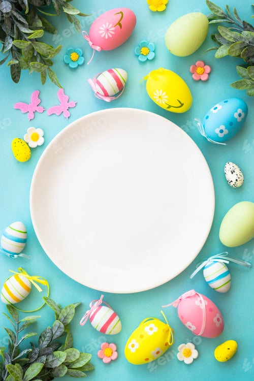 Preview: Easter table setting, Easter food background.