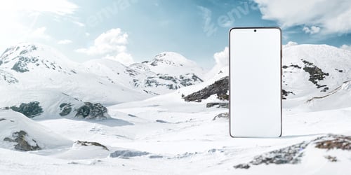 Preview: 3d Illustration of aBig Smartphone With White Screen in the Middle of Snowy Mountains.