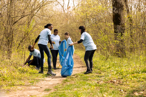 Preview: Diverse team of volunteers picking up garbage in disposal bags