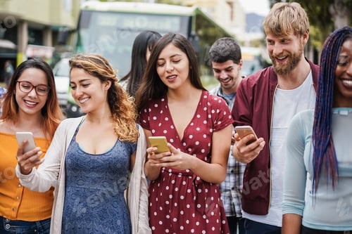 Preview: Happy students friends using smartphones at bus station