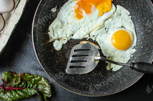 Preview: Fried Eggs, Healthy Food (Delicious Snack) Menu Concept. Food Background. Top View. Copy Space
