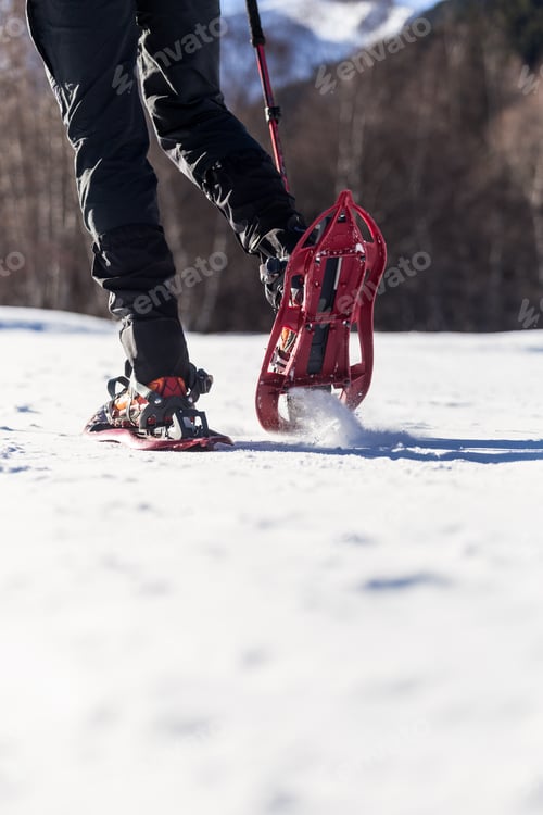 Preview: Young man walking in snowshoes over winter background.